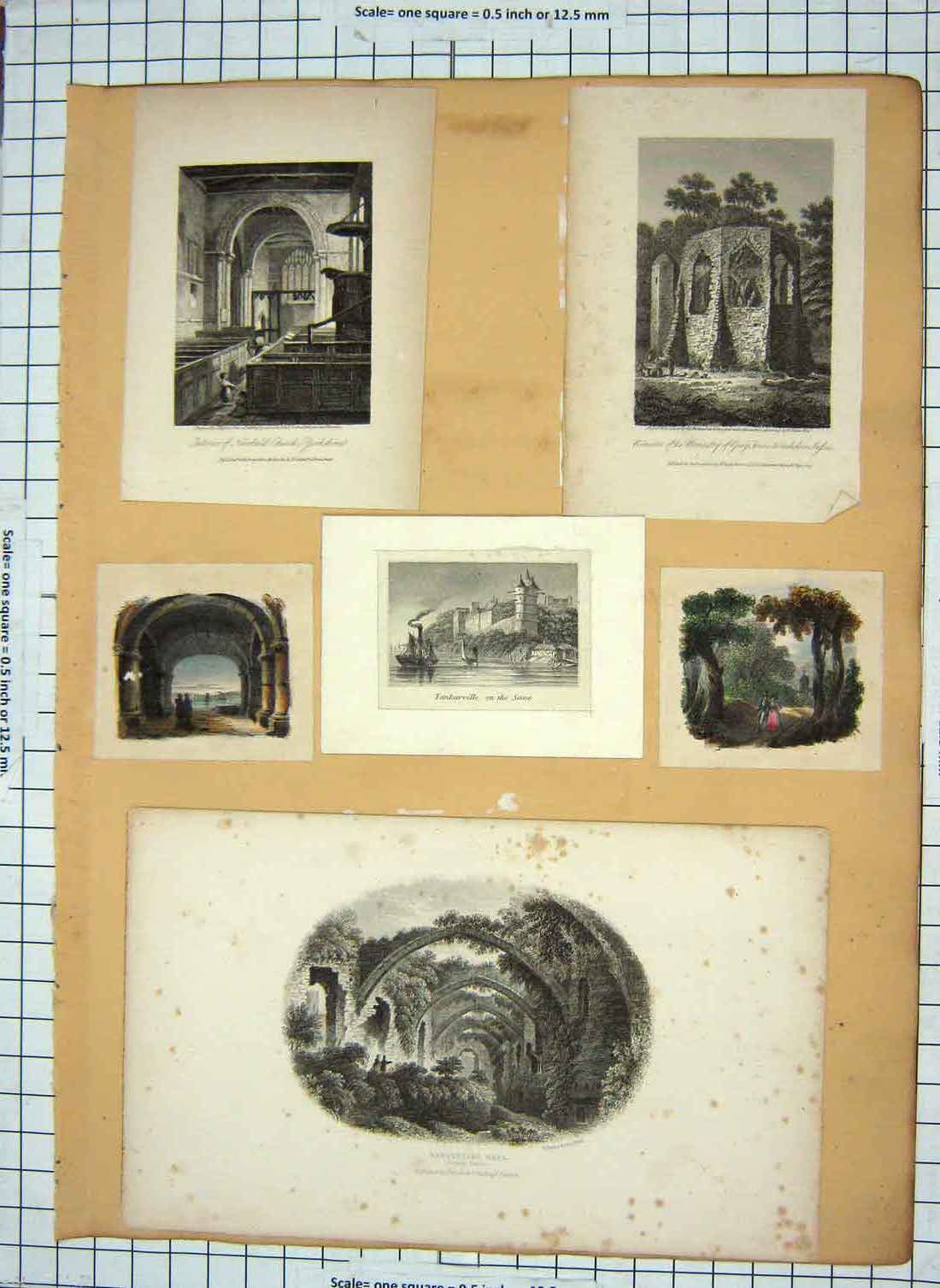 Original Old Antique Print Conway Castle Tankarville Seine Monastery Winchelsea