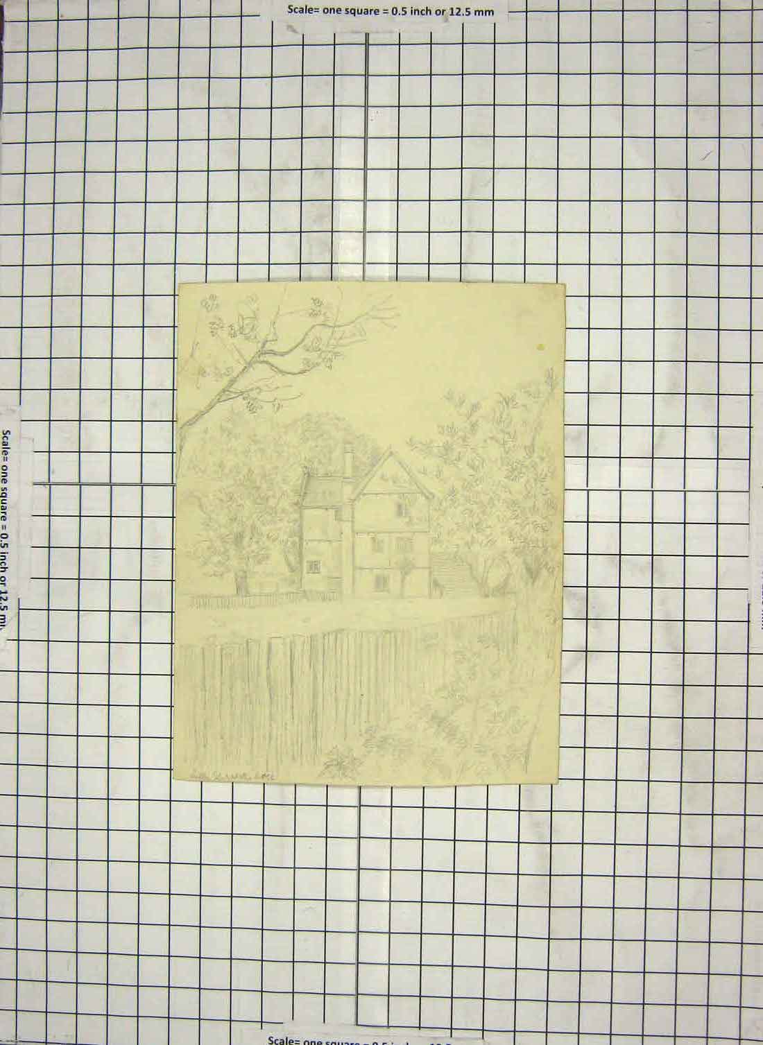 Original Old Antique Print Drawing Sketch House Garden Trees Elizabeth