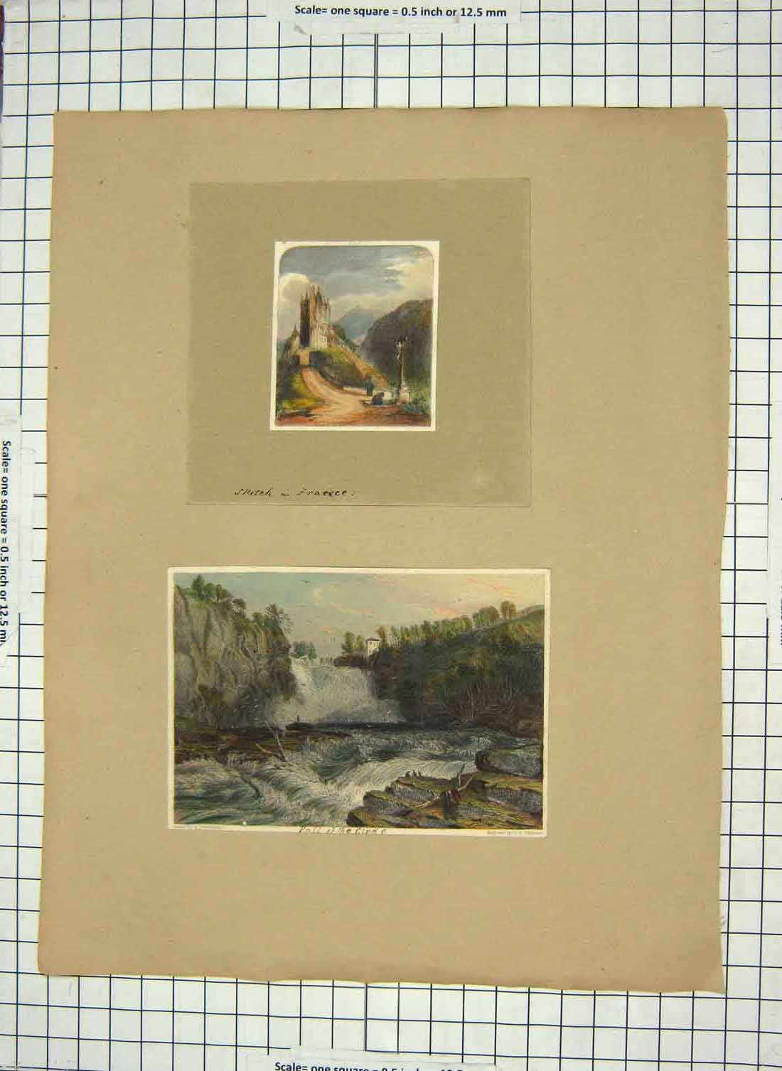 Original Old Antique Print Colour France Castle Water Fall River Willmore