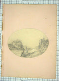 Original Old Antique Print Drawing House Church River Boats Hills