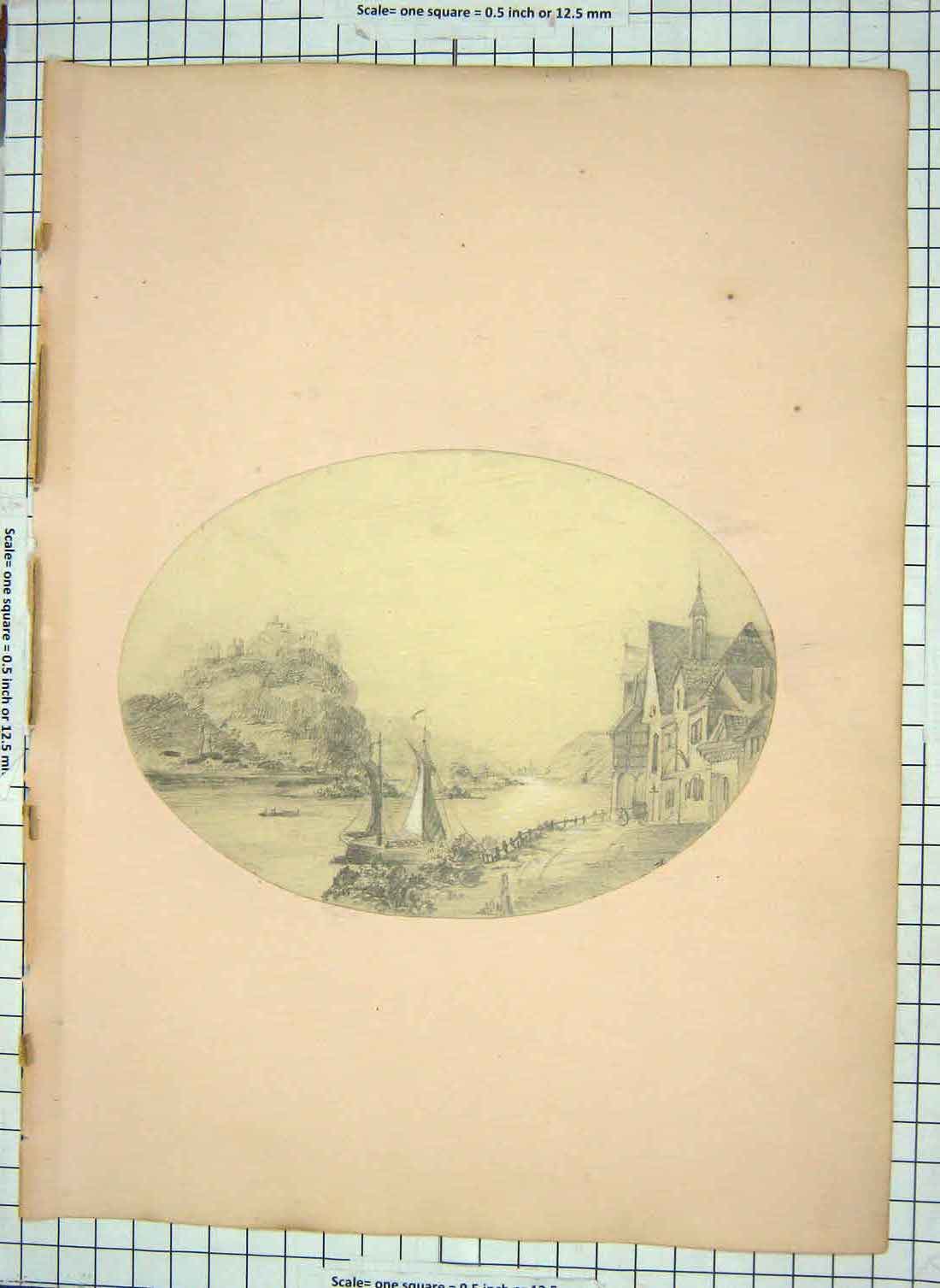 Original Old Antique Print Drawing House Church River Boats Hills