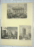 Old Antique Print Royal Exchange Victoria Tower Houses Parliament Dials