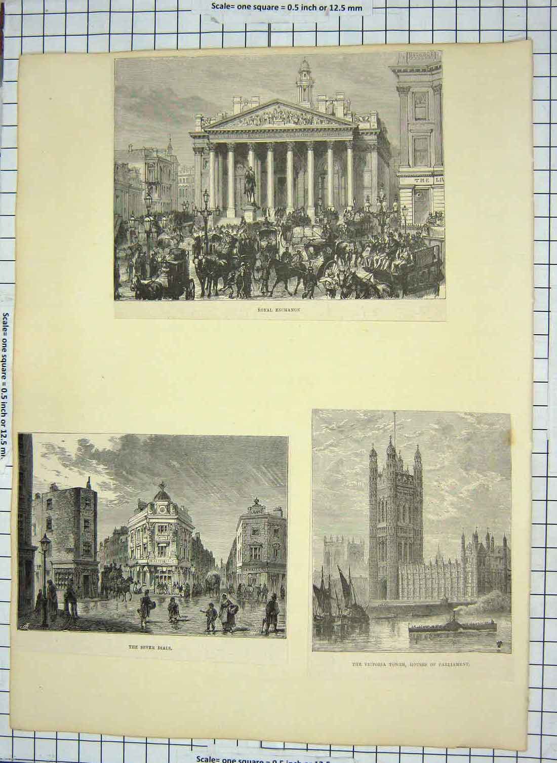 Old Antique Print Royal Exchange Victoria Tower Houses Parliament Dials