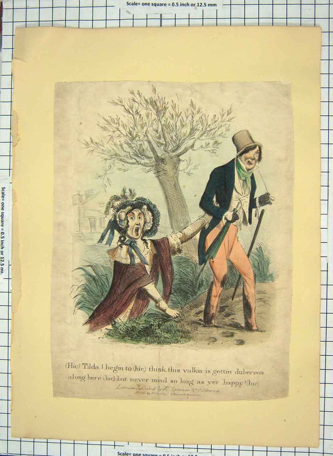 Original Old Antique Print Colour Lady Stuck Ditch Man Tilda Drunk