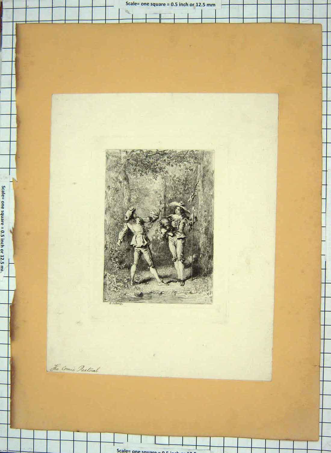 Original Old Antique Print Comic Pastoral Men Meeting Forest Trees Engraving
