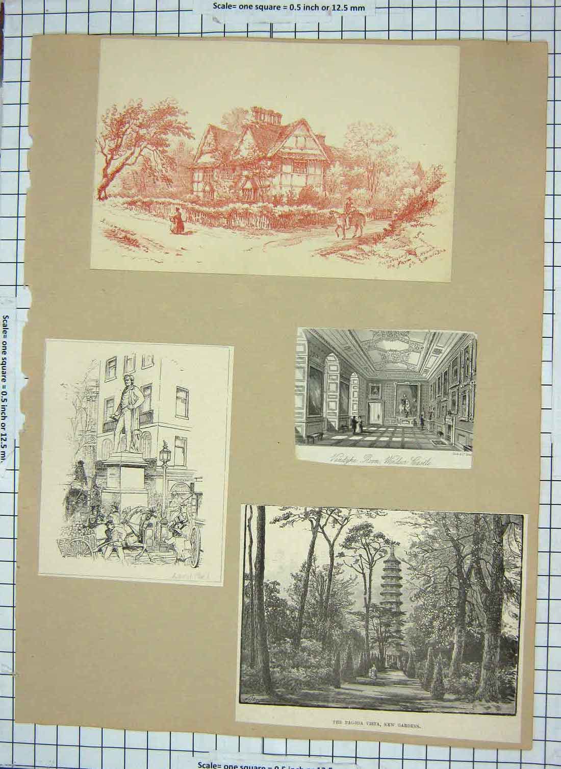 Original Old Antique Print Vandyke Room Windsor Castle Pagoda Vista Kew Gardens