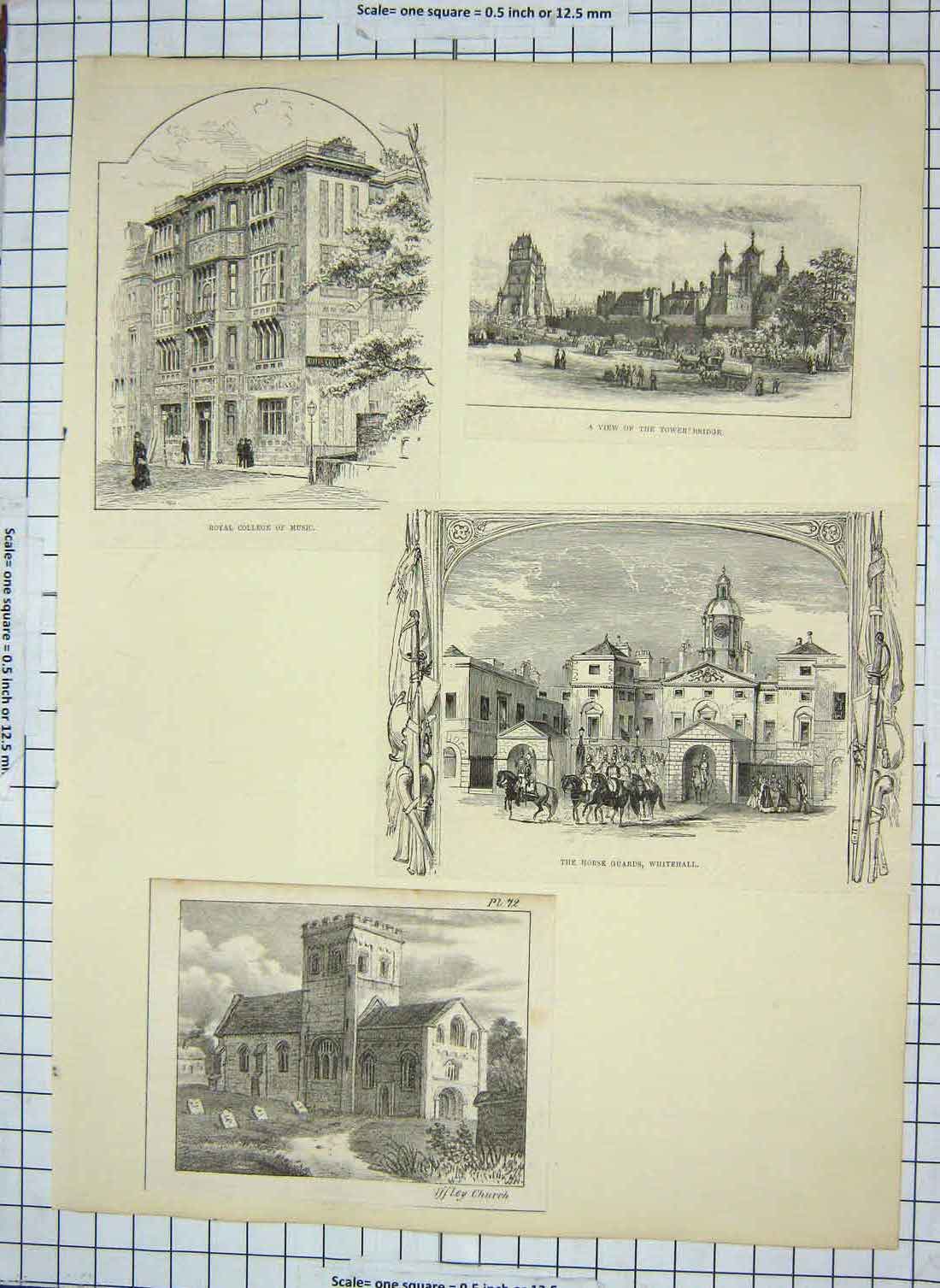 Original Old Antique Print Horse Guards Whitehall Iffley Church College Music