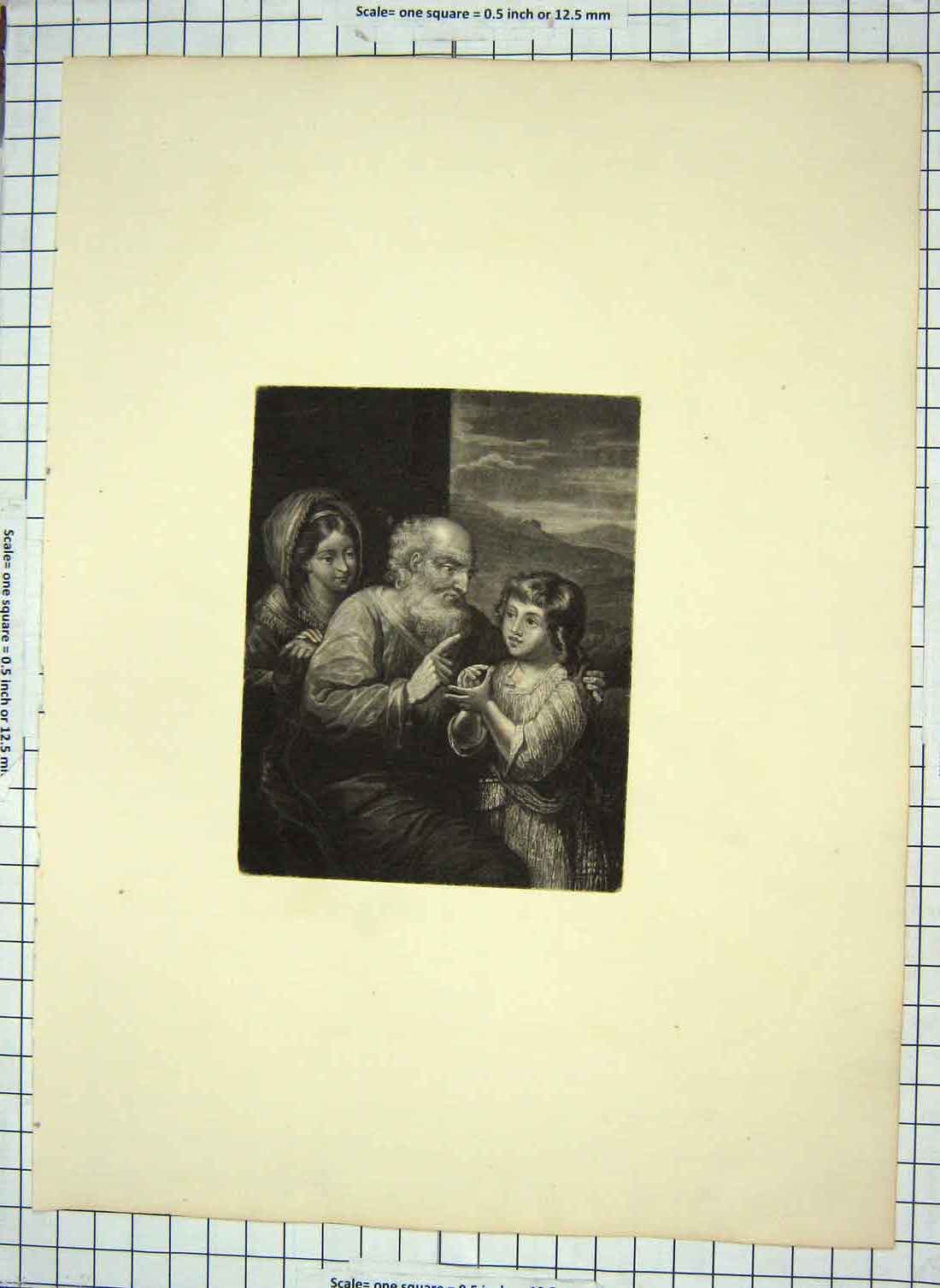 Original Old Antique Print Portrait Engraving Man Little Children 19th Century