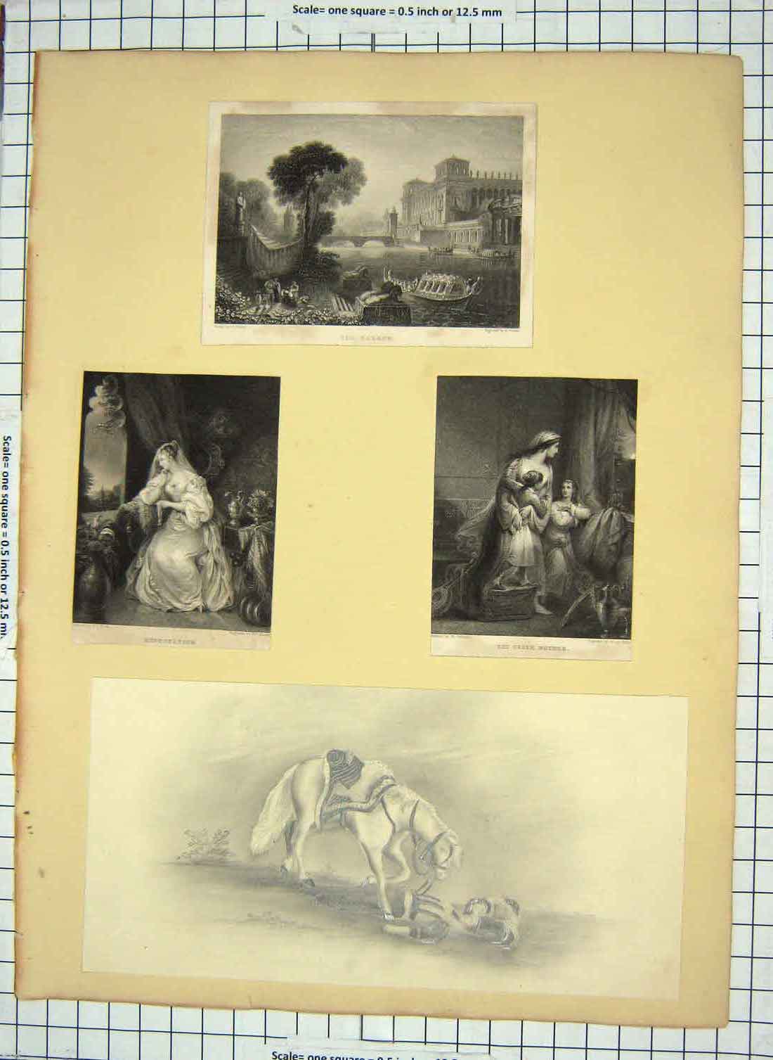 Original Old Antique Print Palace Engraving Finden Greek Mother Sier Fall Horse