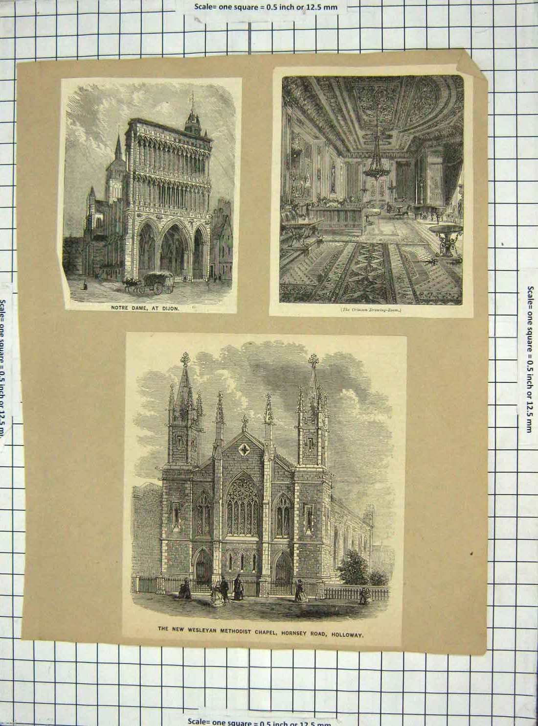 Antique Old Print Wesleyan Chapel Holloway Notre Dame Dijon Rimpar Castle