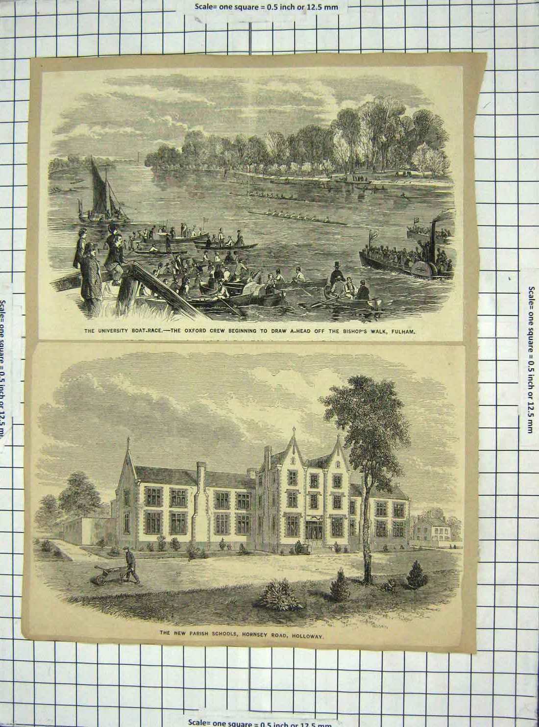 Old Antique Print University Boat Race School Holloway Baird Church Caen