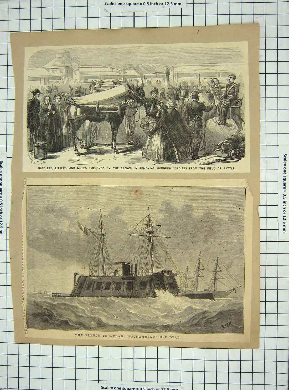 Original Old Antique Print French Ship Rochambeau Donkey War Bruges Building