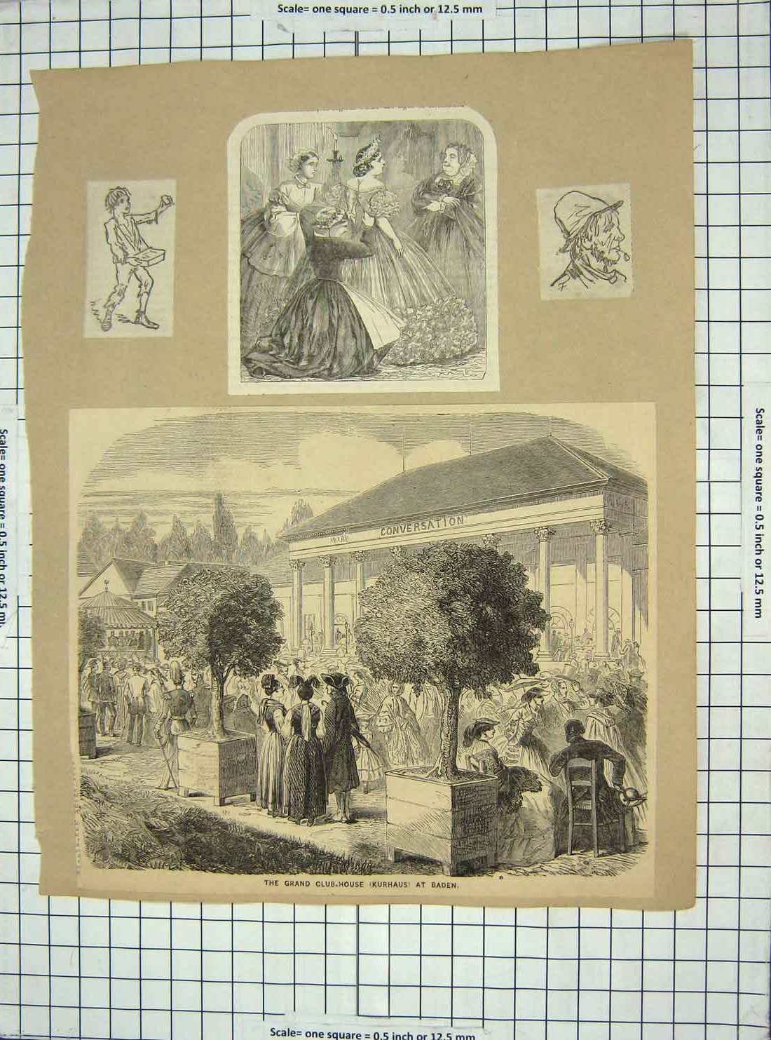 Original Old Antique Print Club-House Kurhaus Baden School Church Maidenhead