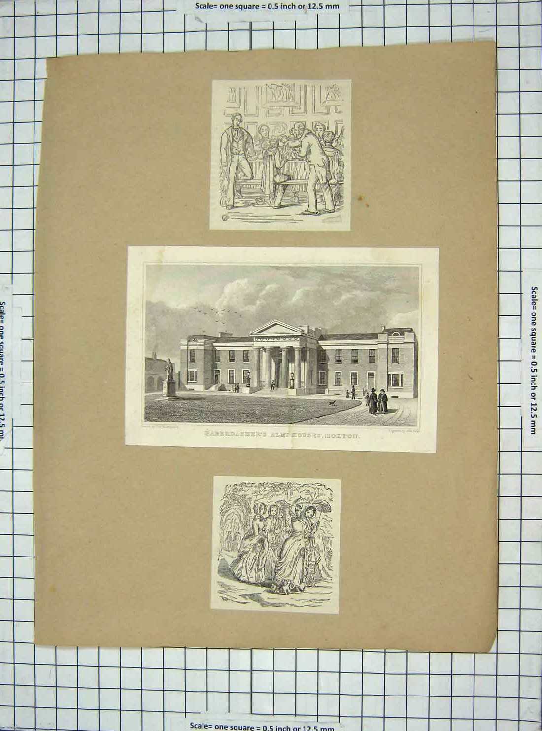Original Old Antique Print Haberdasher Alms Houses Hoxton Theatre Royal Covent