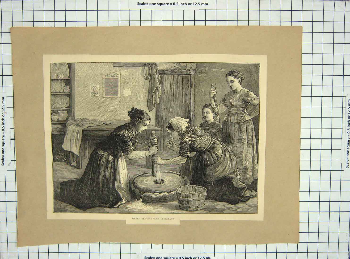 Original Old Antique Print Women Grinding Corn Ireland Telegraph Office Bombay