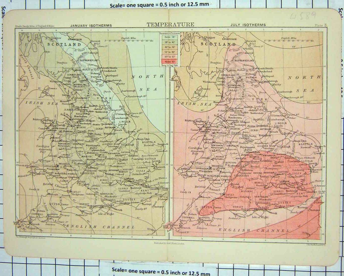 Old Antique Print C1892 Scotland Temperature July Isotherms Bartholomew 19th