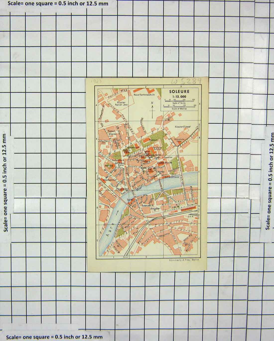 Original Old Antique Print Colour Street Plan Soleure River Aare Kummerly