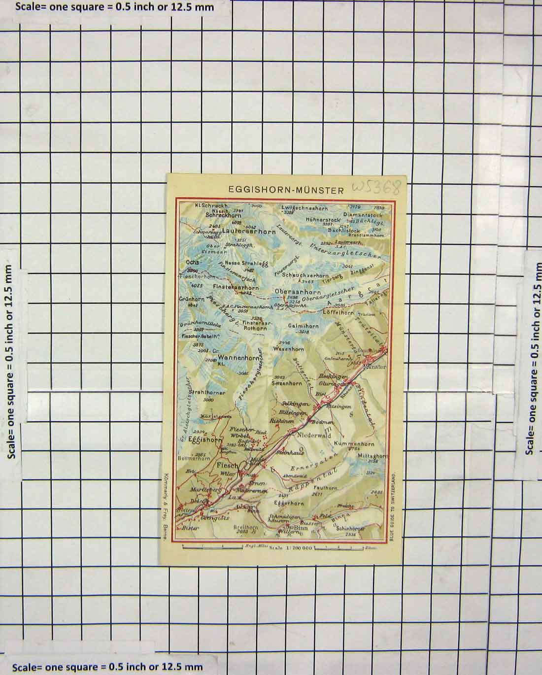 Original Old Antique Print Colour Map Eggishorn Munster Mountains Switzerland