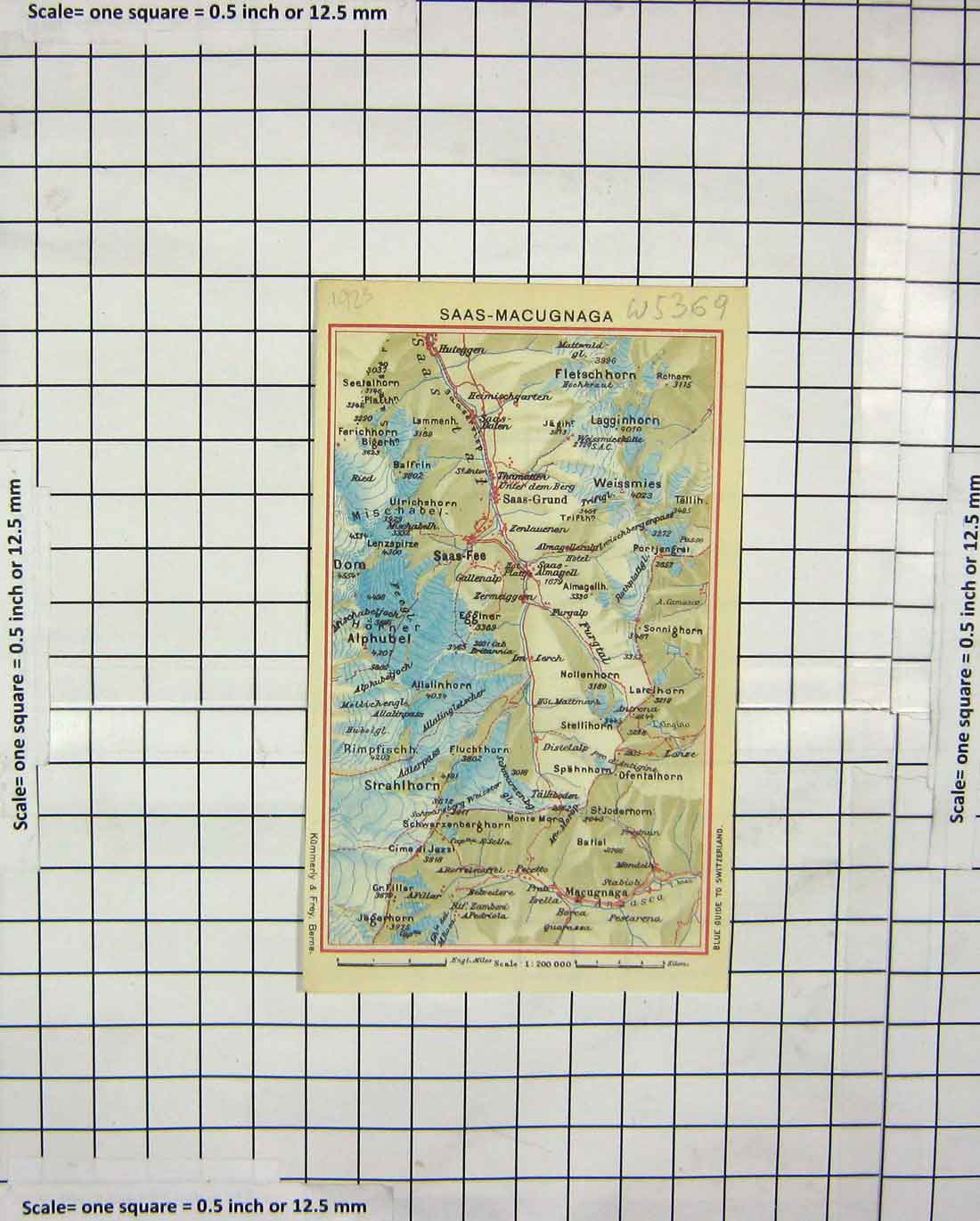 Original Old Antique Print Colour Map Saas-Macugnaga Fletsch Horn Strahlhorn