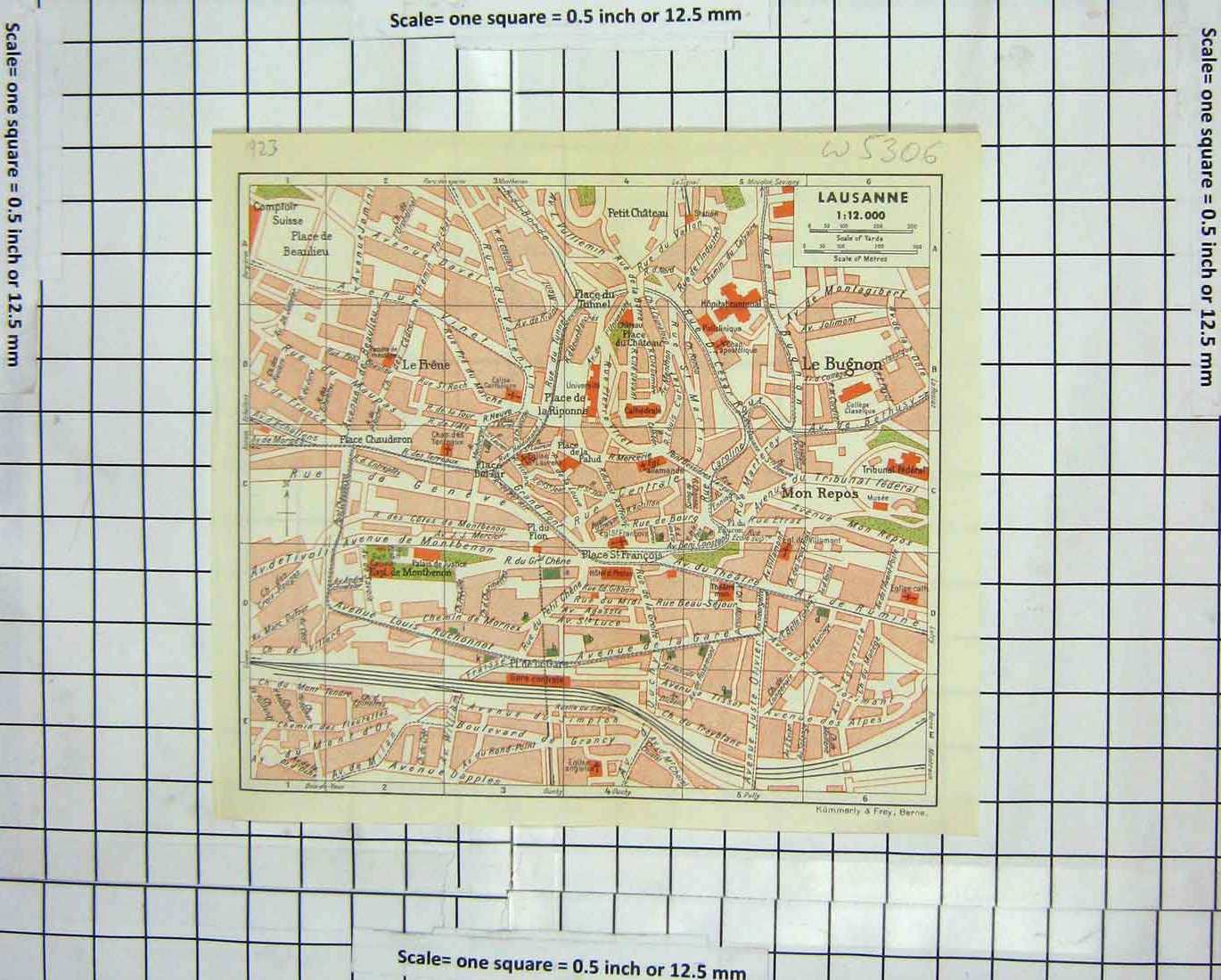 Original Old Antique Print Colour Street Plan Lausanne Le Bugnon Mon Berne