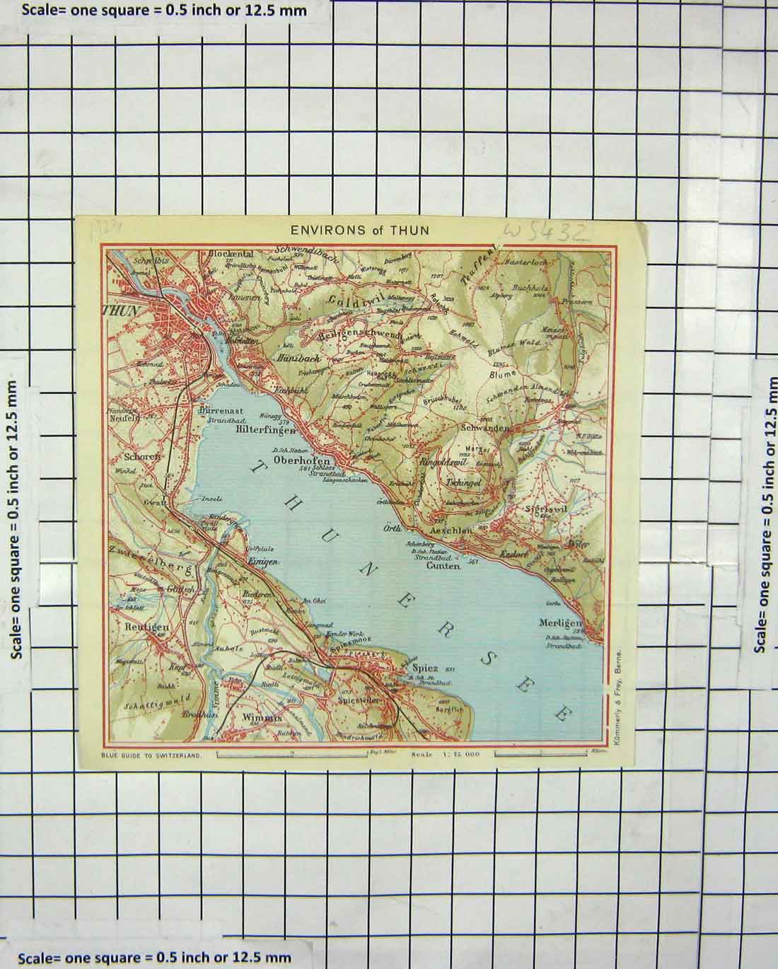 Original Old Antique Print Colour Map Environs Thun Spiez Thunersee Switzerland