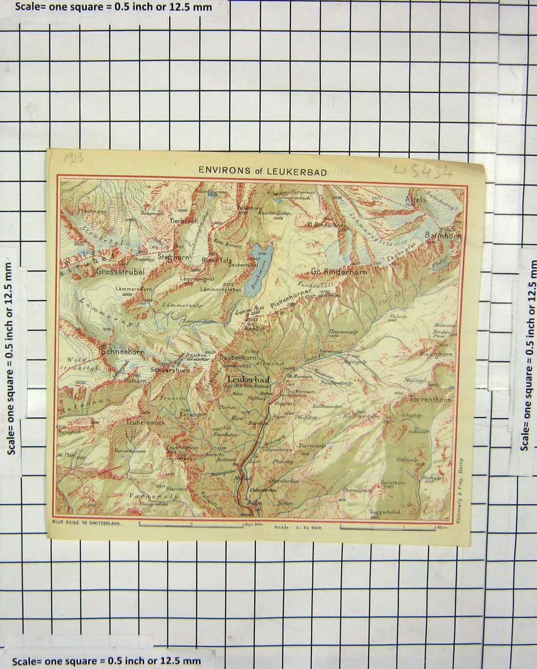 Original Old Antique Print Colour Map Environs Leukerbad Rinderhorn Switzerland