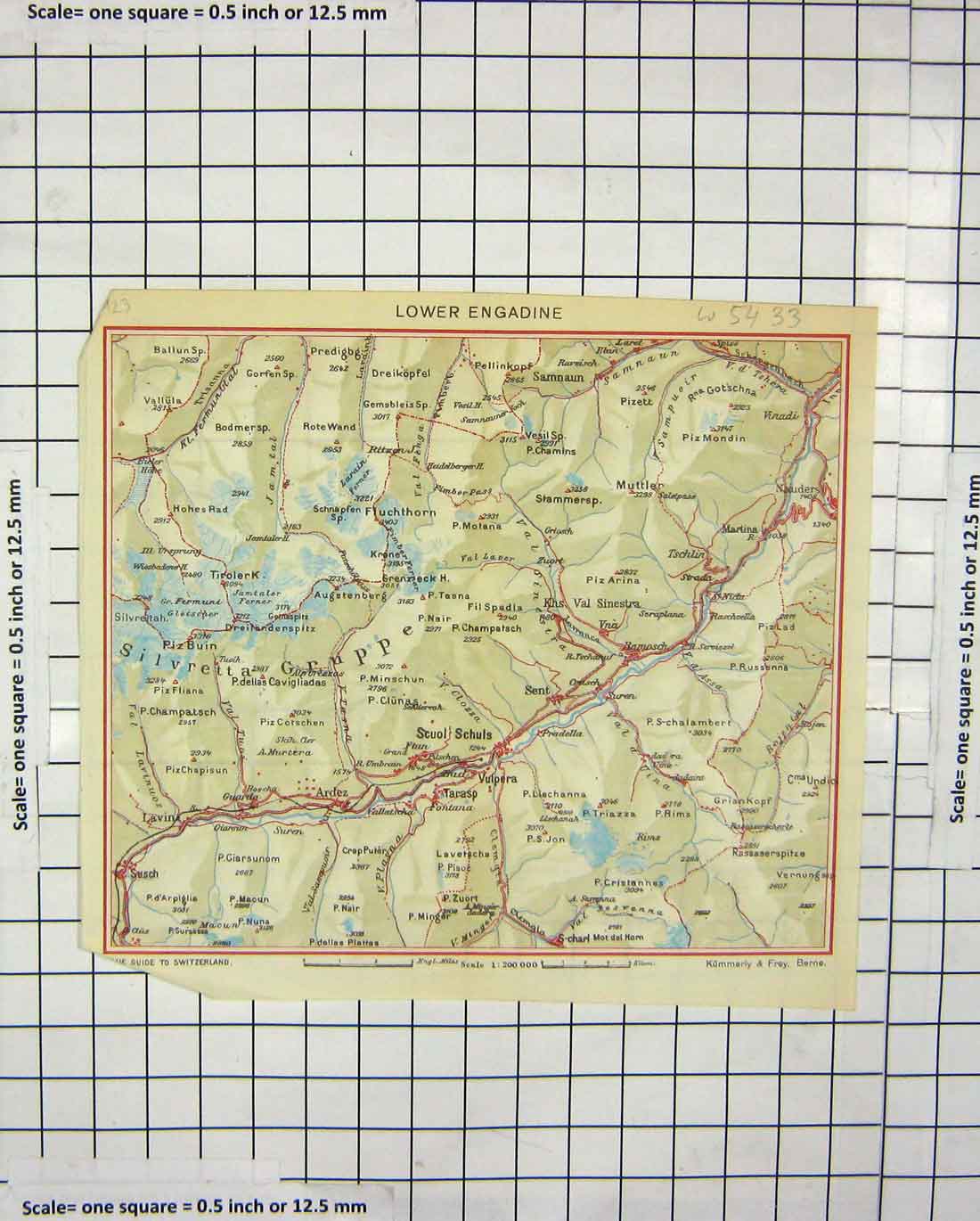Old Antique Print Colour Map Lower Engadine Vulpera Piz Buin Switzerland