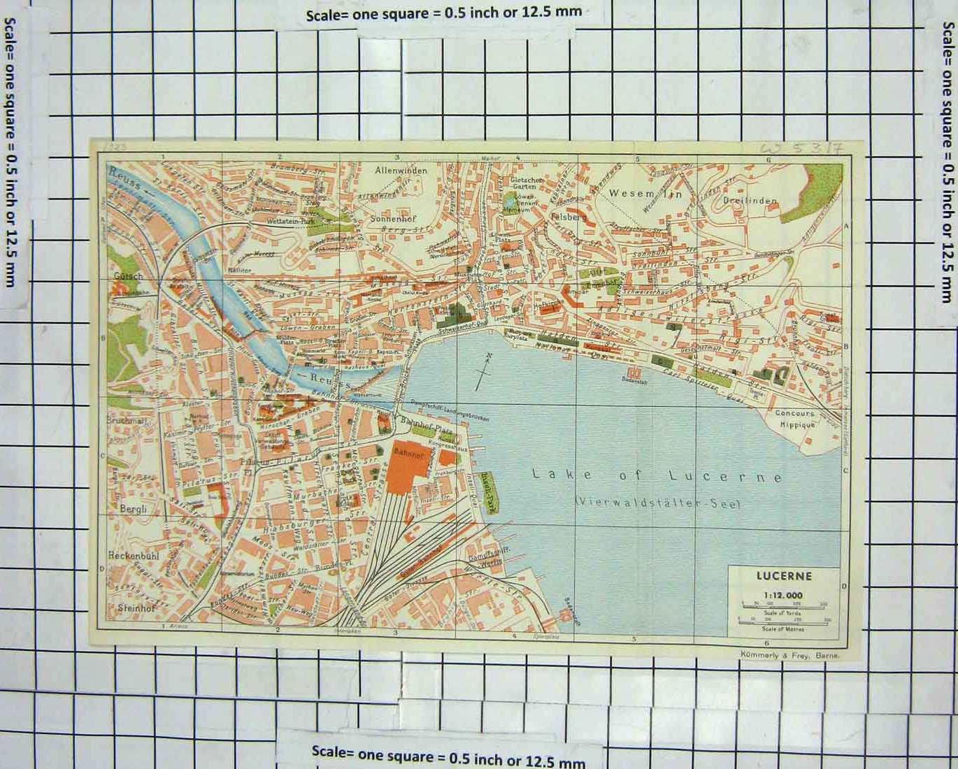 Original Old Antique Print Colour Street Plan Lucerne Lake Reuss Map Europe