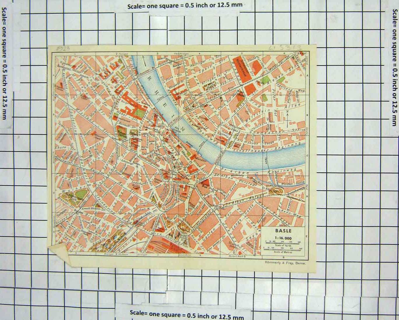 Original Old Antique Print Colour Street Plan Basle River Rhein Kummerly Berne