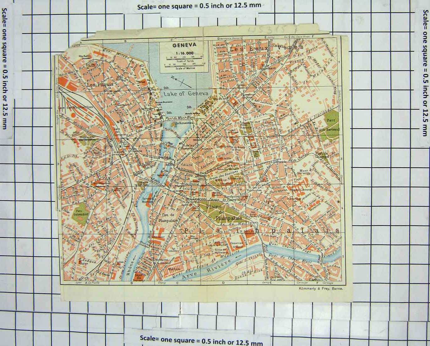 Original Old Antique Print Colour Street Plan Geneva Lake Arve River Kummerly
