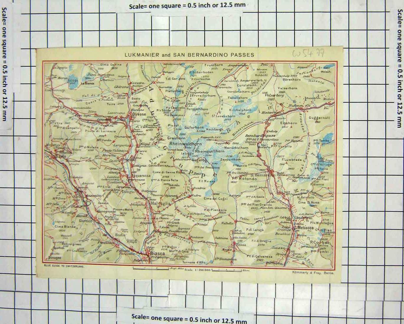 Original Old Antique Print Colour Map Lukmanier San Bernardino Passes Mesocco