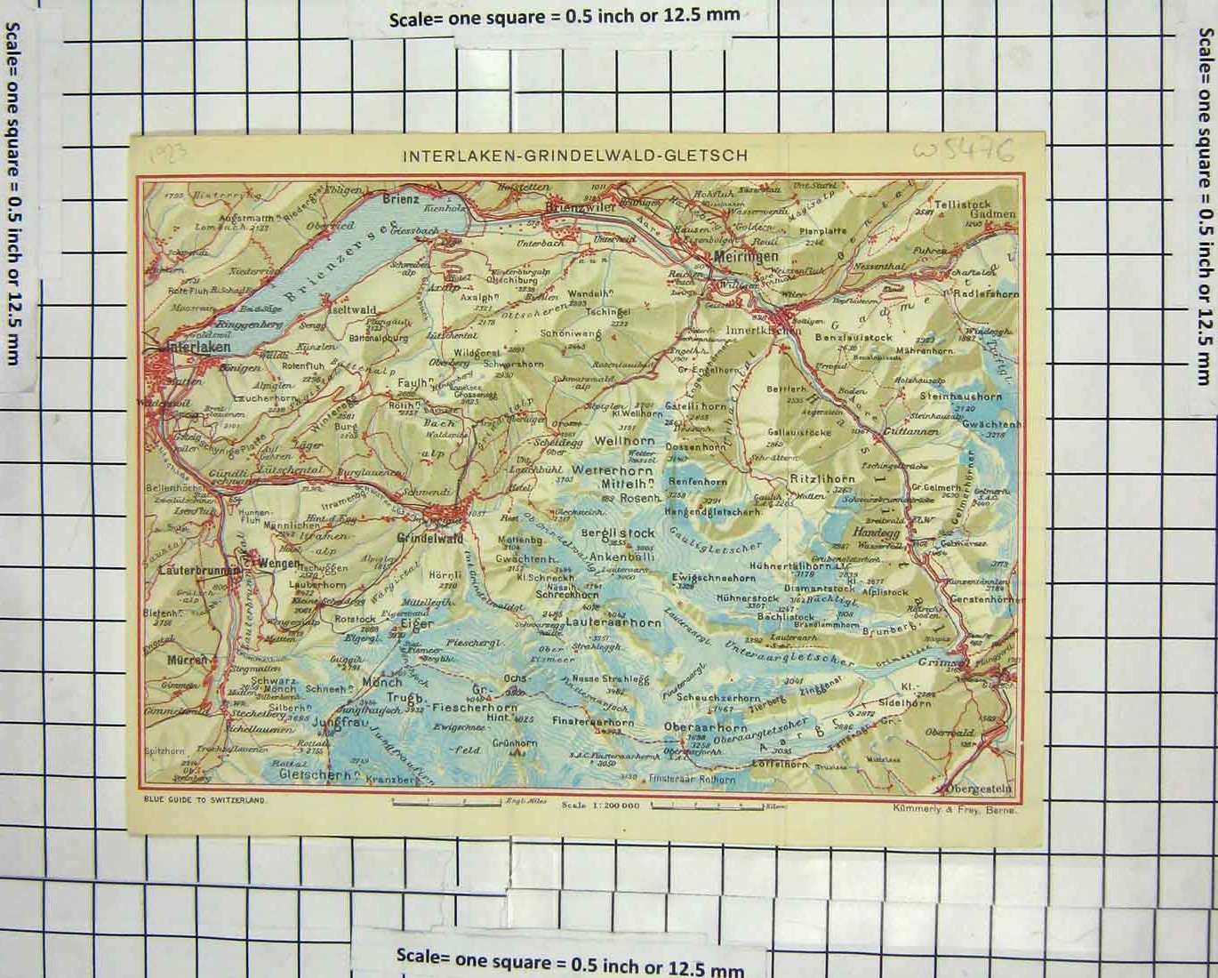 Original Old Antique Print Colour Map Interlaken Grindelwald Gletsch Meringen