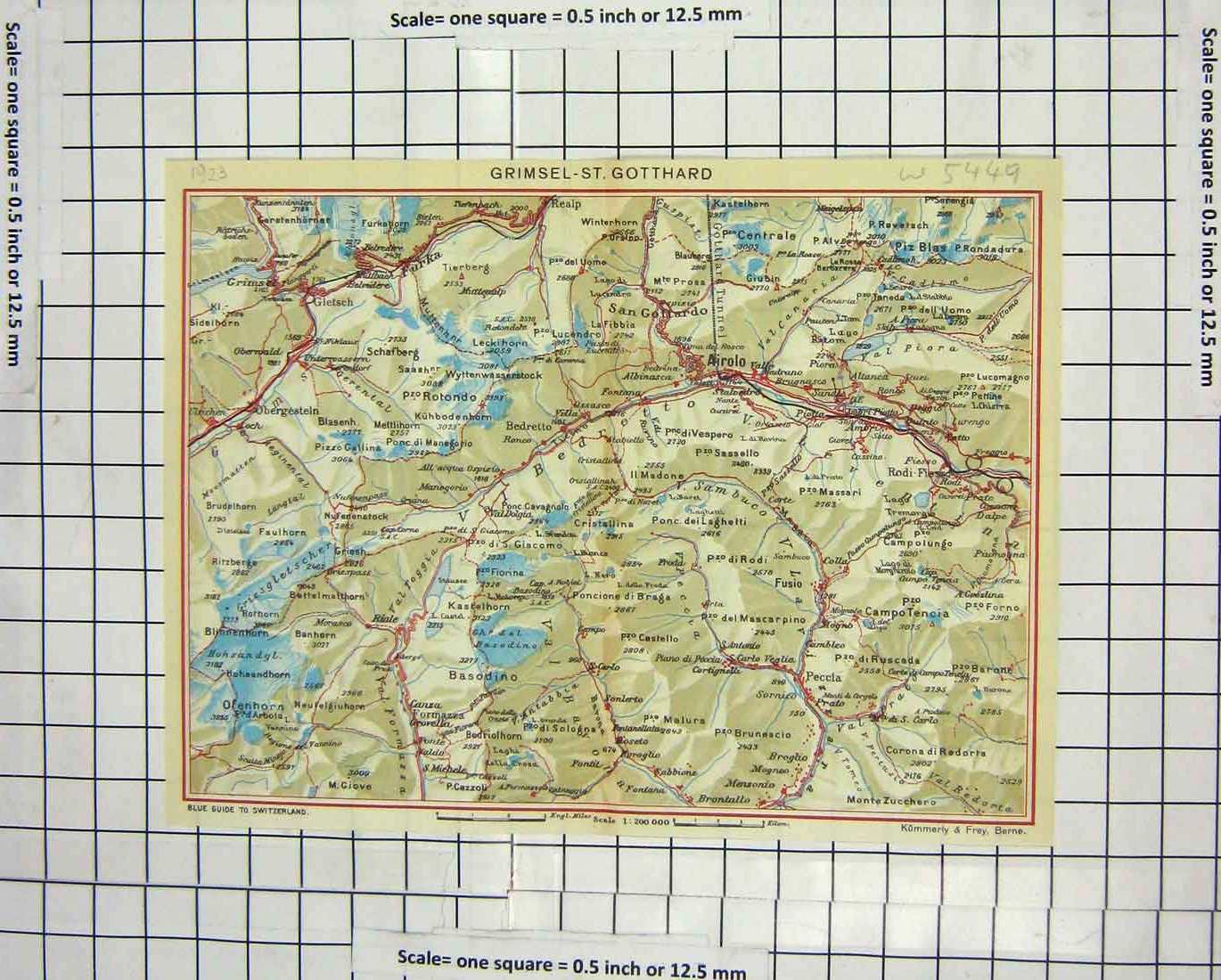 Original Old Antique Print Colour Map Grimsel St. Gotthard Airolo Basodino