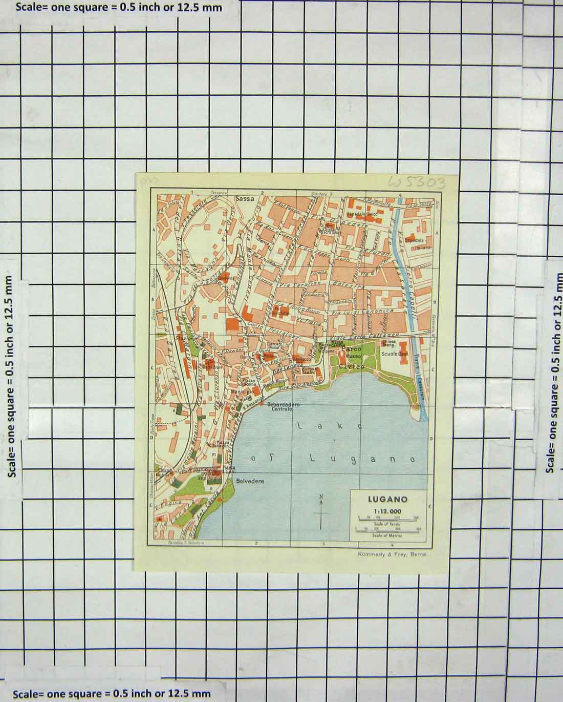 Original Old Antique Print Colour Street Plan Lugano Lake Belvedere Kummerly