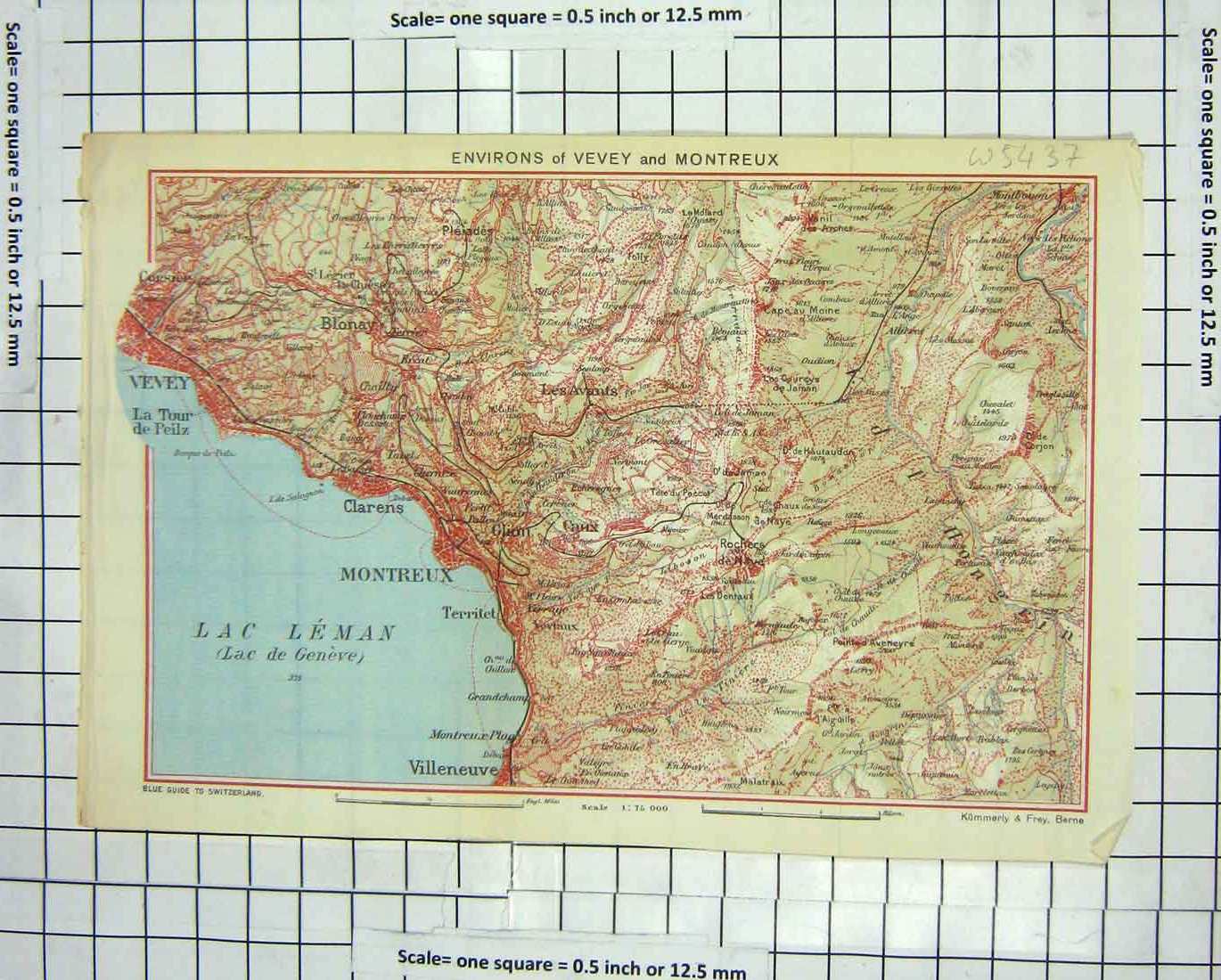 Original Old Antique Print Colour Map Environs Vevey Montreux Villeneuve Leman