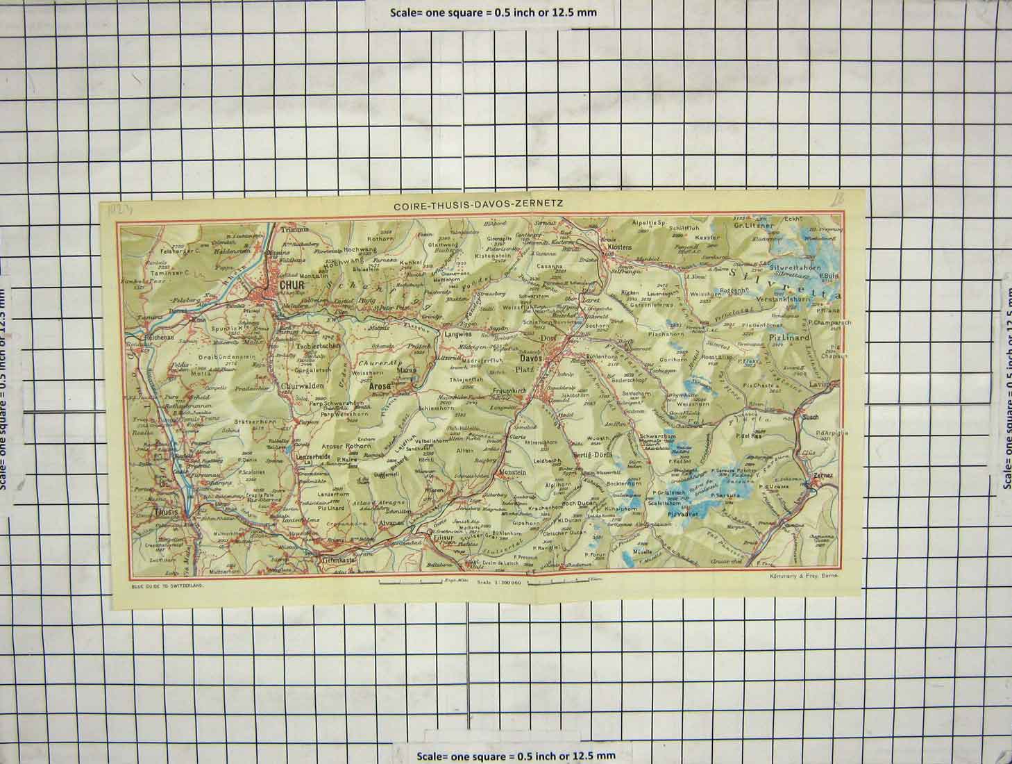 Original Old Antique Print Map Coire Thusis Davos Zernetz Chur Zernez
