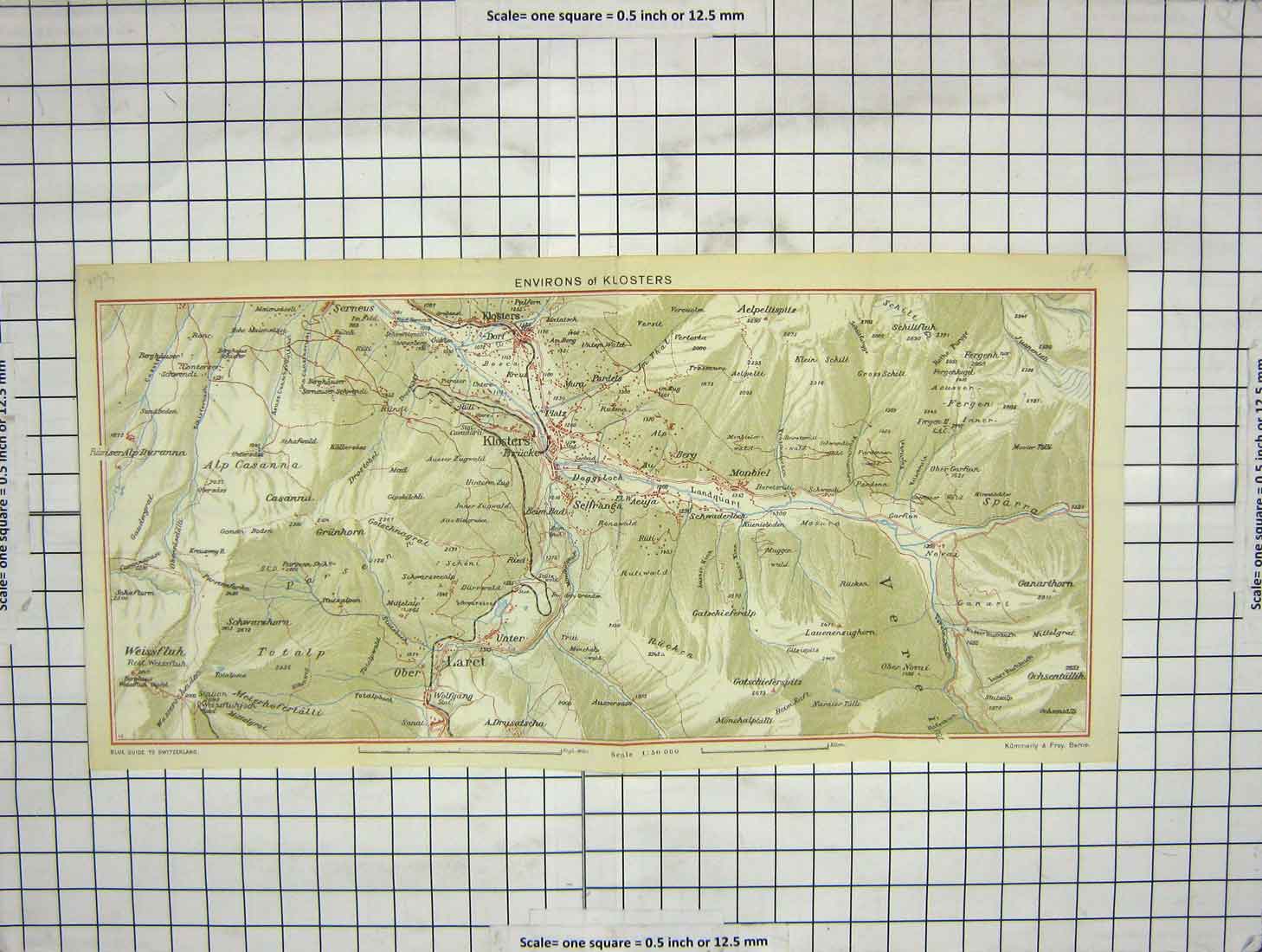 Original Old Antique Print Map Environs Klosters Laret Mountains