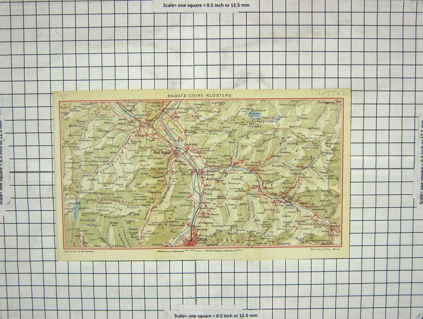 Original Old Antique Print Map Ragatz Coire Klosters Bad Ragaz Chur