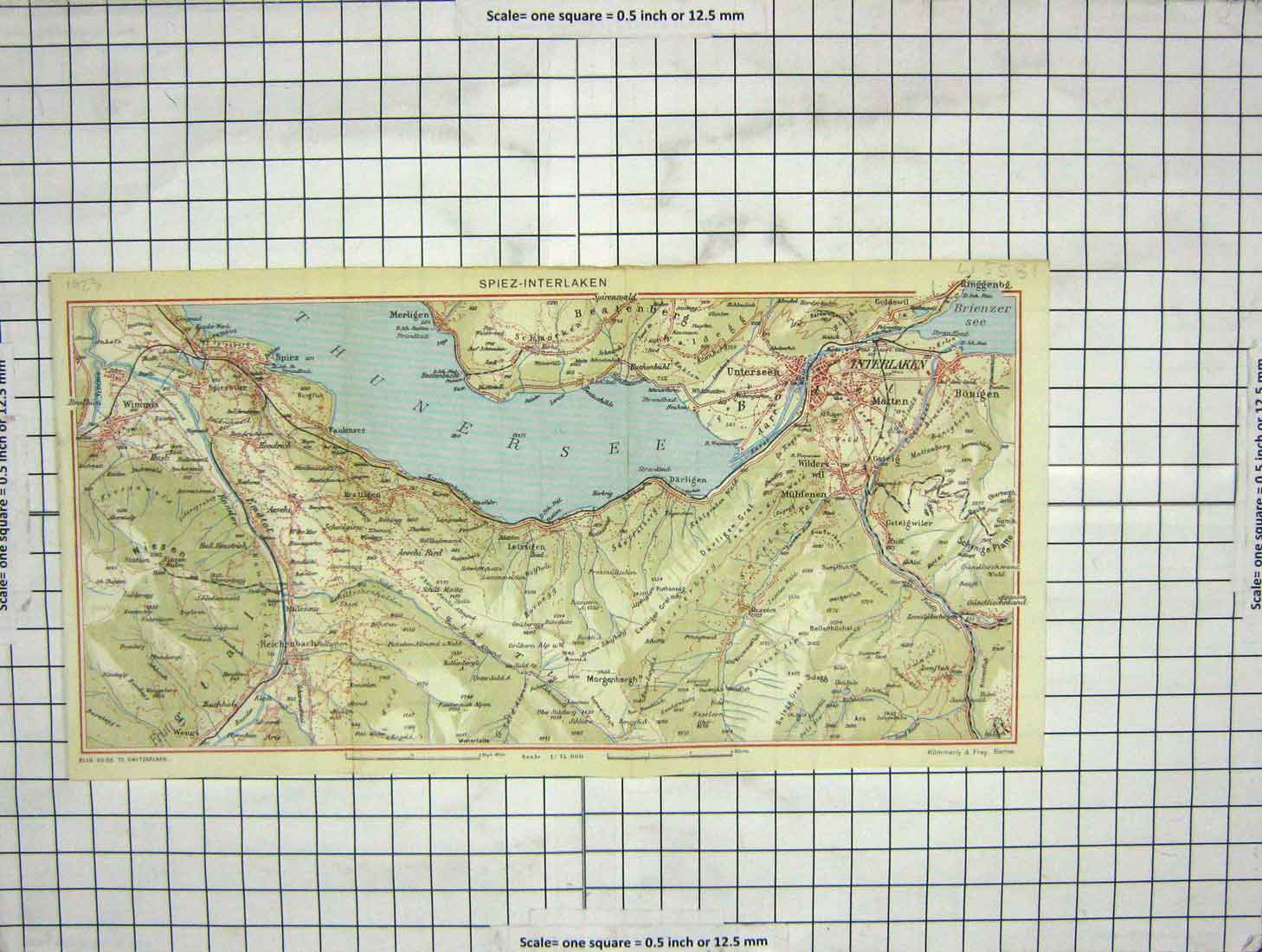 Original Old Antique Print Map Spiez Interlaken Niesen Unterseen Wilders