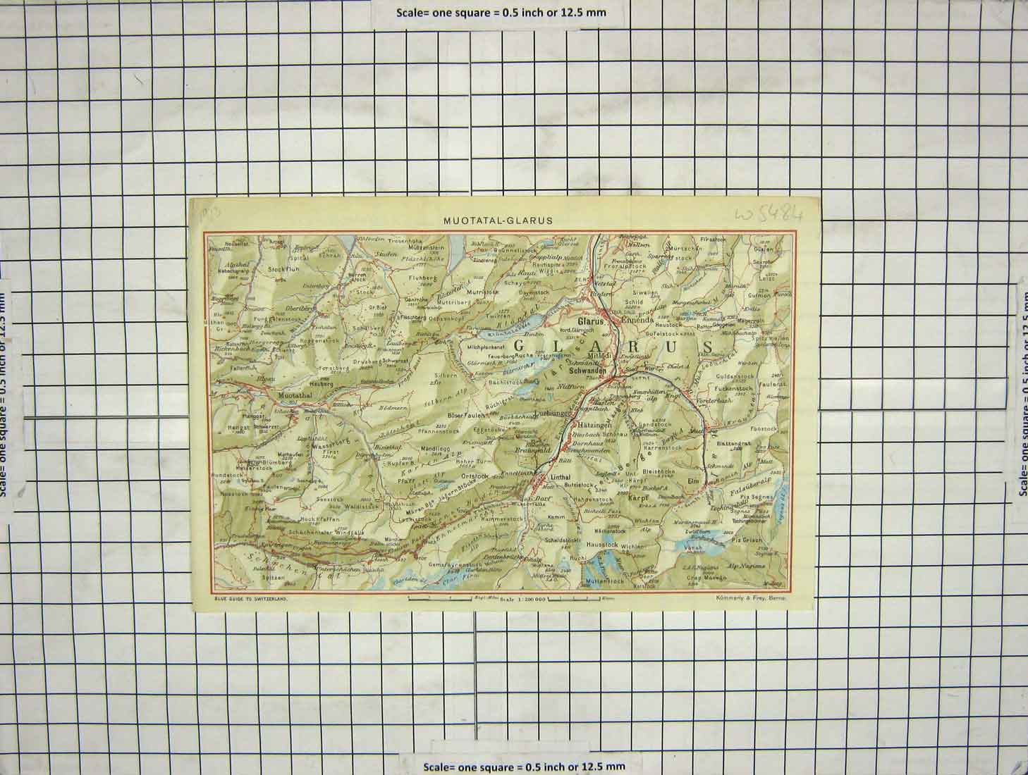Original Old Antique Print Map Muotatal Glarus Muotathal Linthal