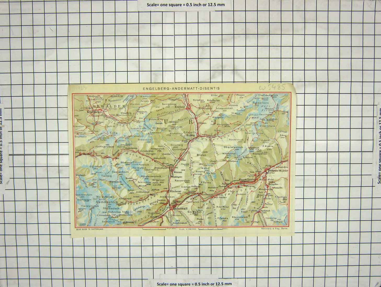 Original Old Antique Print Map Engelberg Andermatt Disentis Obwalden