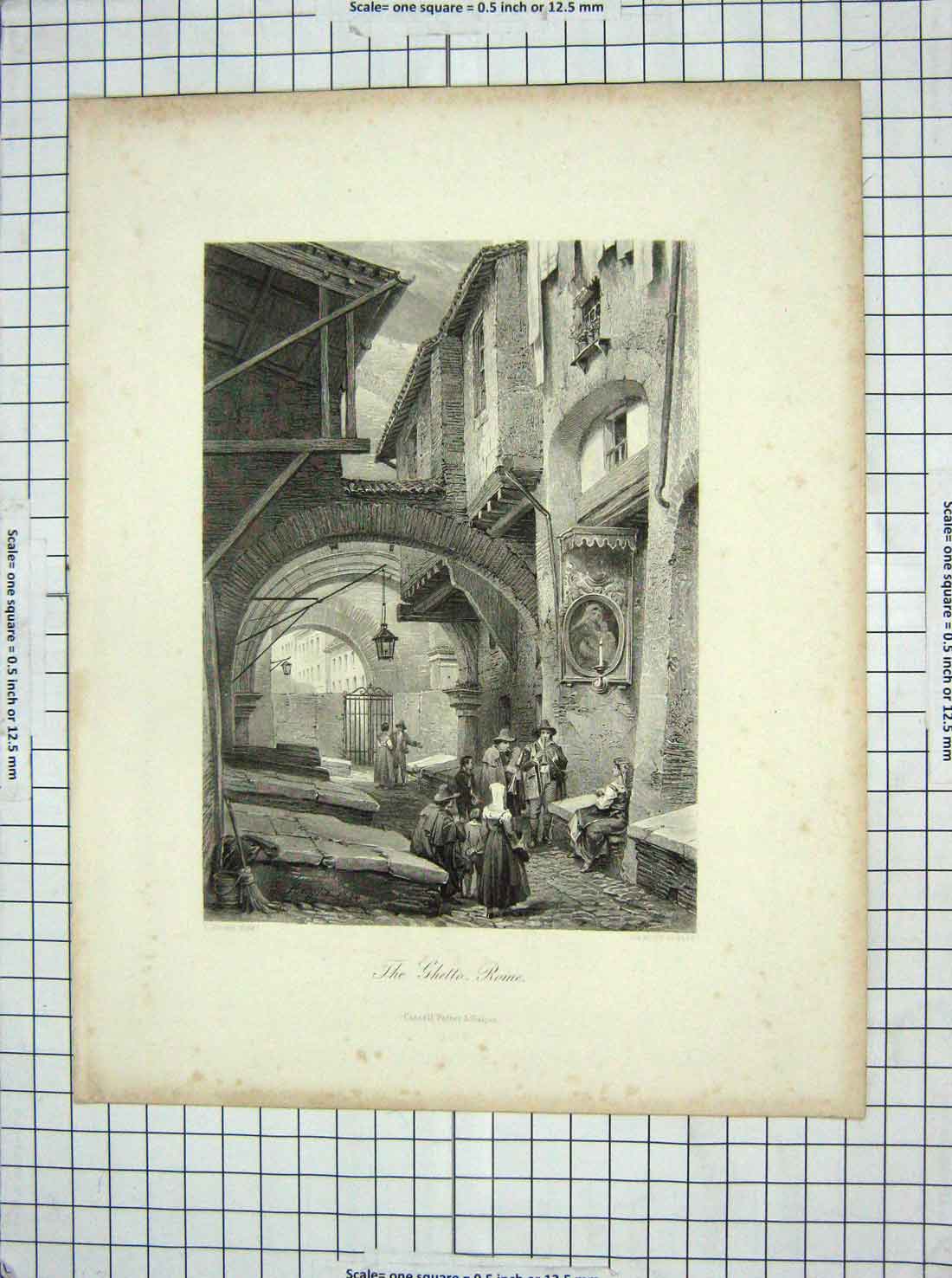 Original Old Antique Print Street Scene Ghetto Rome Engraving Haghe Hunt