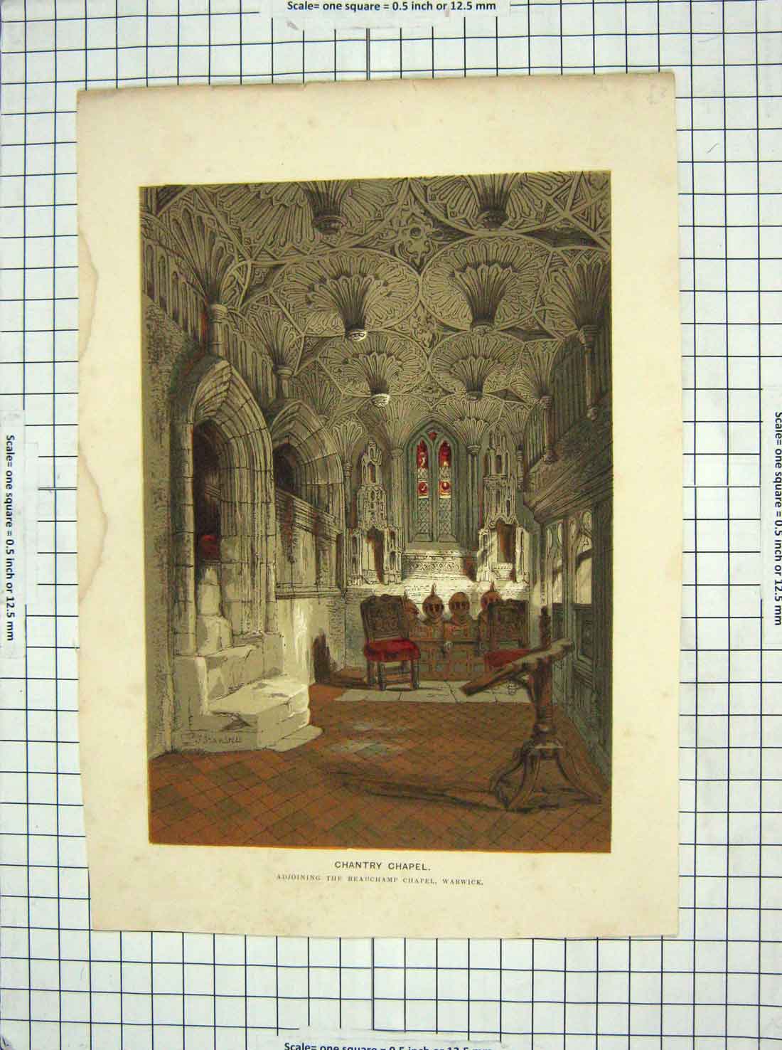 Original Old Antique Print Colour Chantry Chapel Beauchamp Chapel Warwick