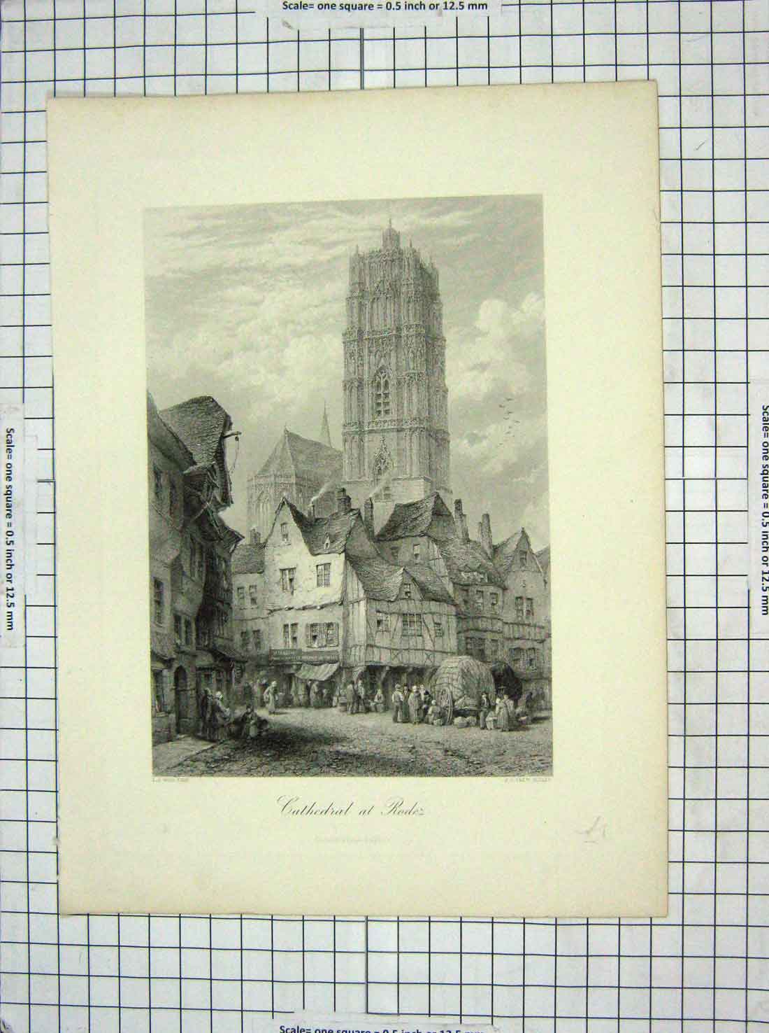 Original Old Antique Print *3904 Engraving View Cathedral Rodez Crew Wood