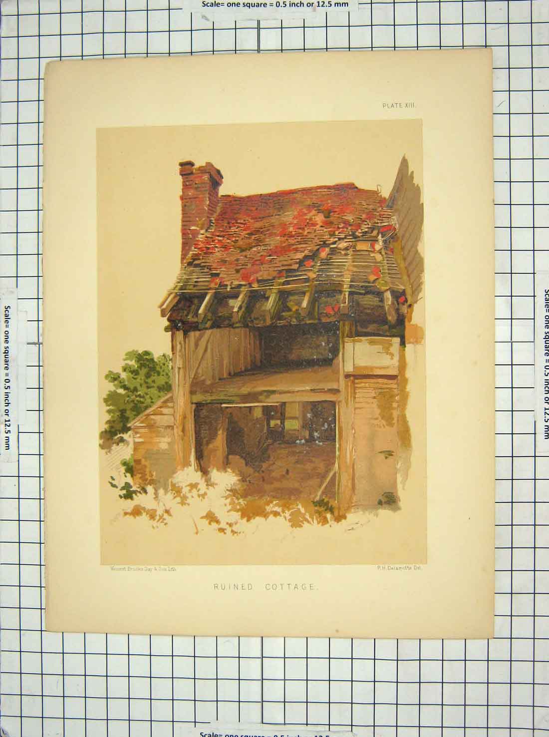 Original Old Antique Print Colour Ruined Cottage Ruins Delamotte Brooks