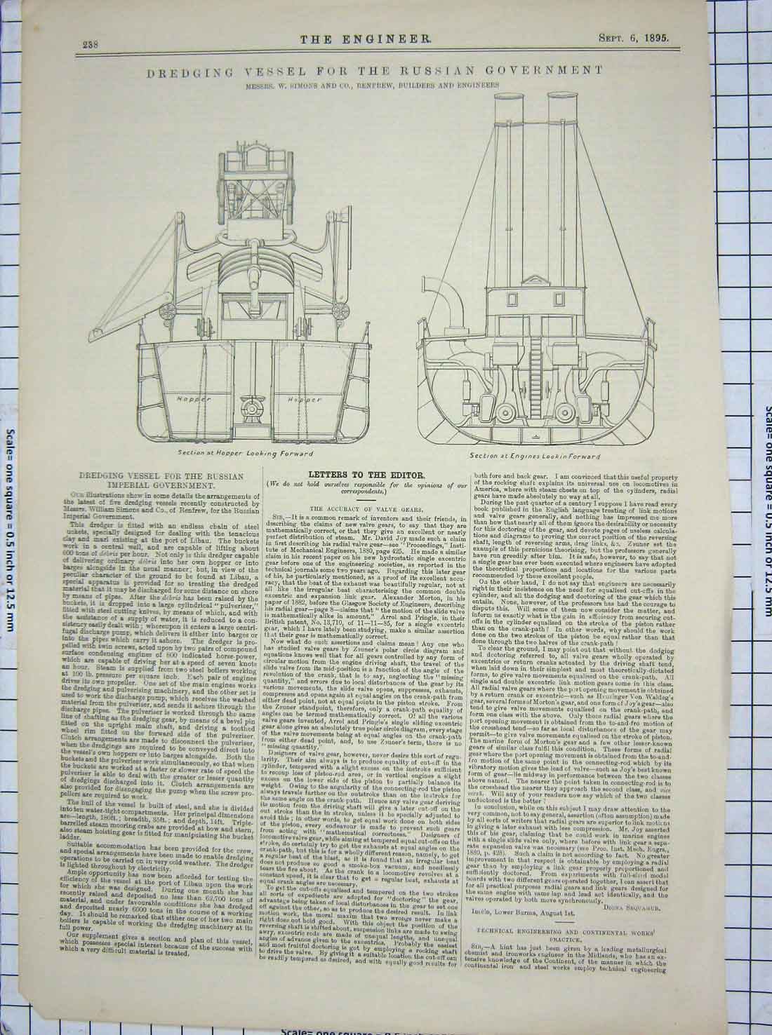 Old Antique Print 1895 Dredging Vessel Russian Government Hopper Simons 19th