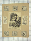 Original Old Antique Print Alphabet Lesson Mother Little Girl