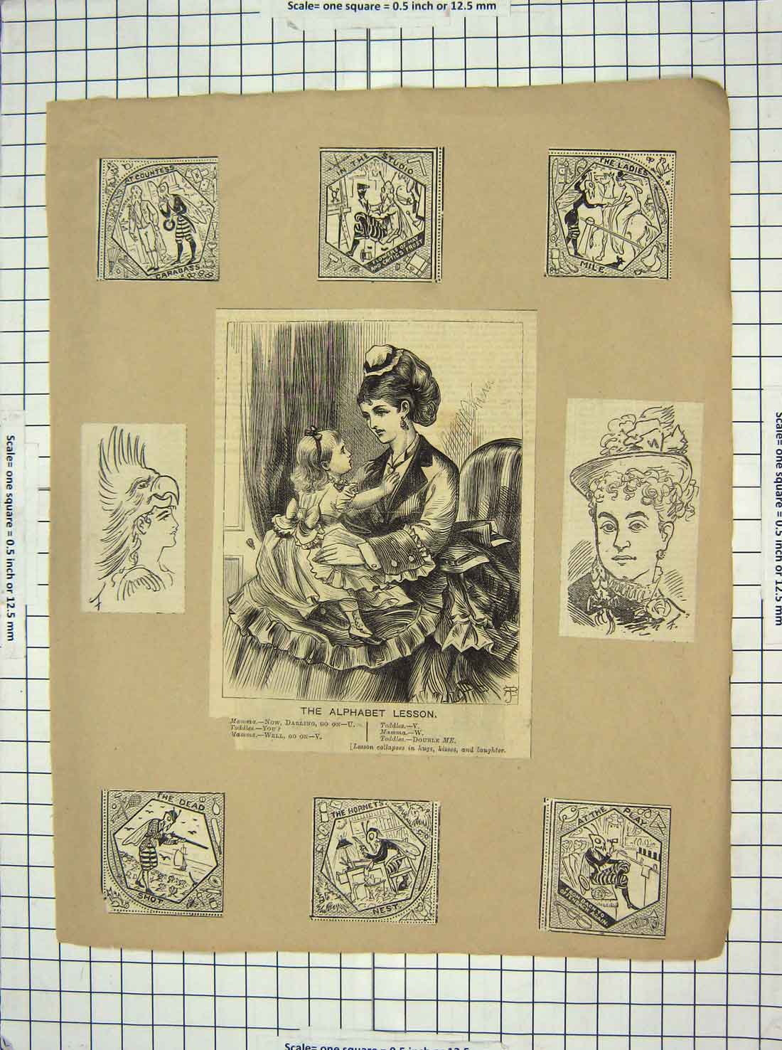 Original Old Antique Print Alphabet Lesson Mother Little Girl