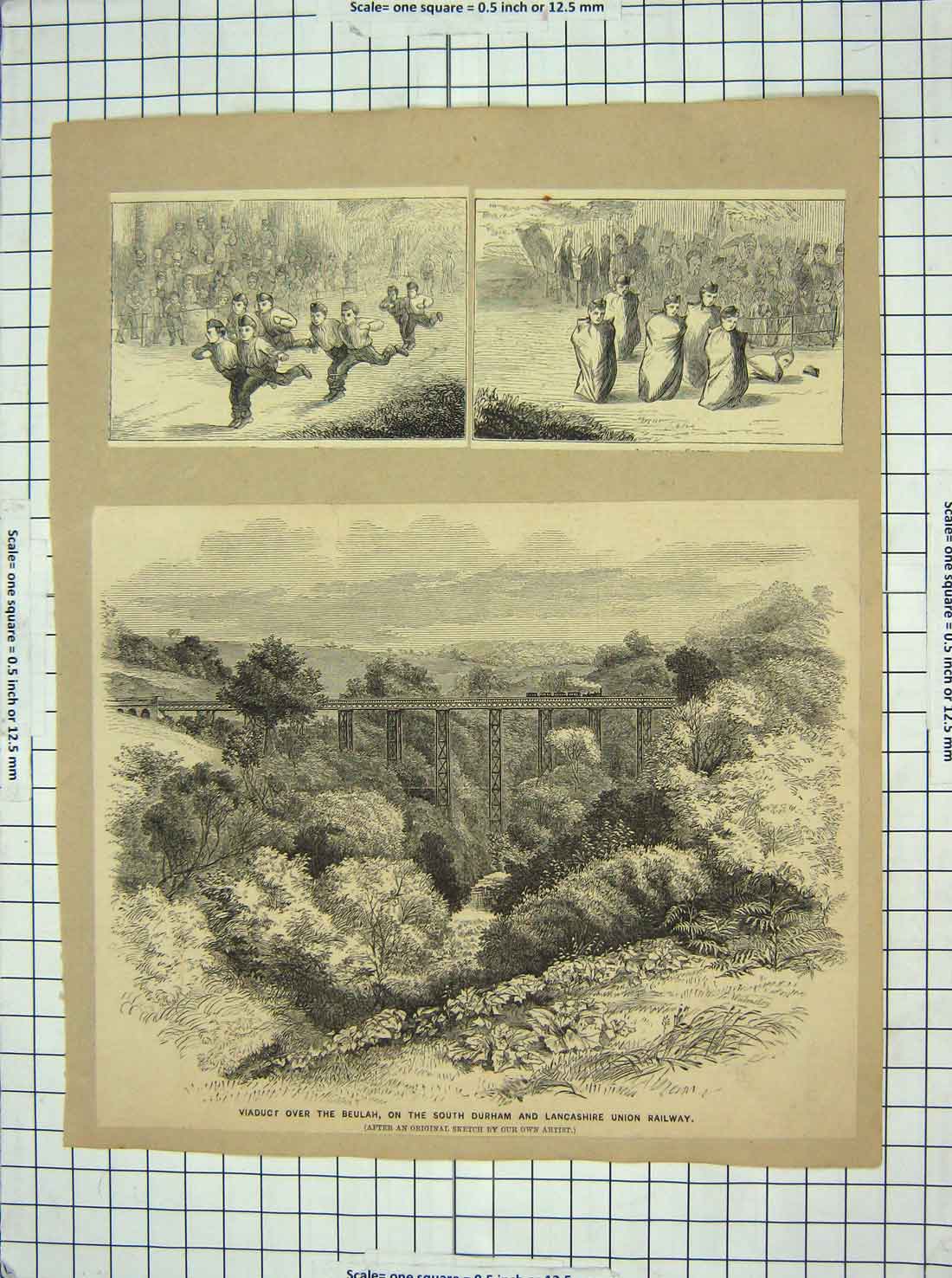 Original Old Antique Print Viaduct Beulah River South Durham Lancashire Railway