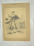 Original Old Antique Print Sketch Church Trees Architecture